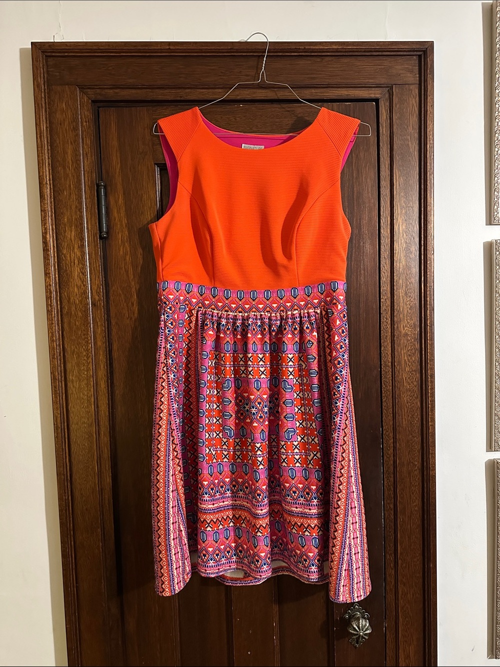 Signature by Robbie Bee Orange and Pink Printed Fit-and-Flare Dress